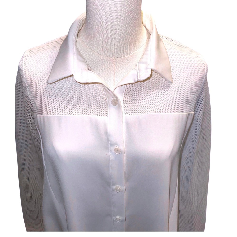 Gracia White Mesh Panel High-Low Button Down‎ Tunic Shirt D23566 Womens Medium - Picture 3 of 12